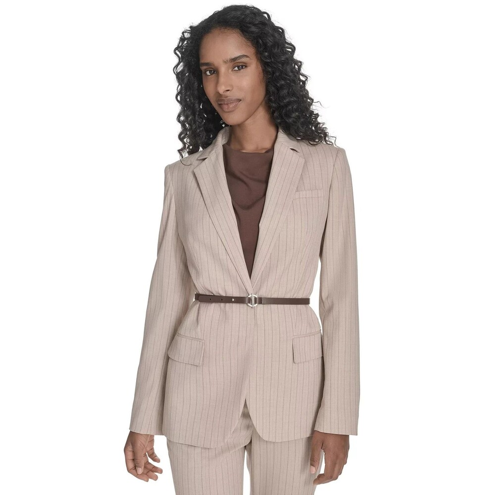 Calvin Klein Women's Belted Pinstripe Blazer Formal Jacket Tan Brown Size 2